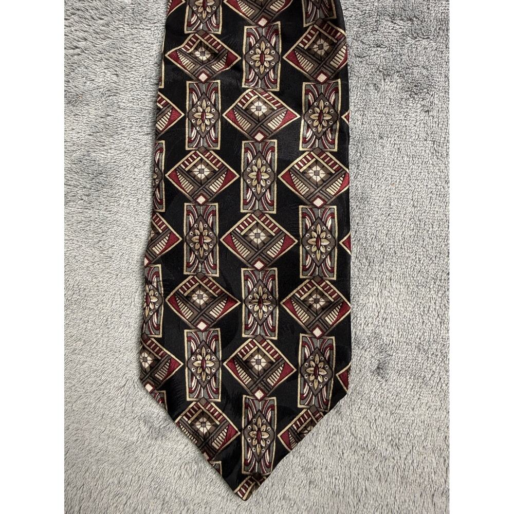 Vintage 90s Surrey Silk Tie Black Burgundy Geometric Wide Mens Necktie - Picture 2 of 4
